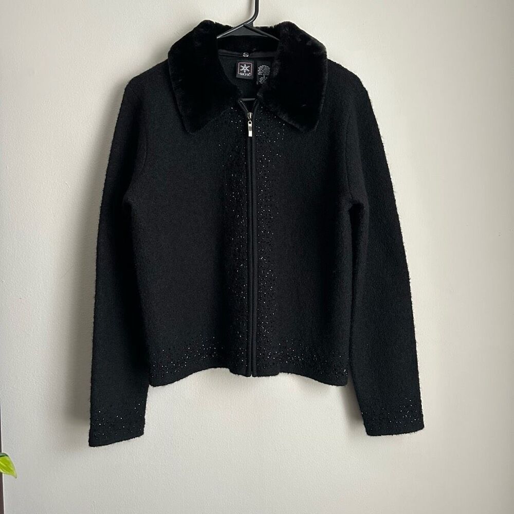 Skyr Wool Beaded Jacket Zip Front Removable Faux Fur Collar Black size Small